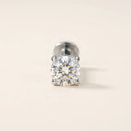 Silver titanium Ashley solitaire piercing worn in the center of the lower lip

