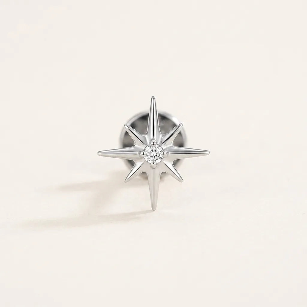 Natural silver titanium Ashley piercing celestial starburst stud with CZ, front view
