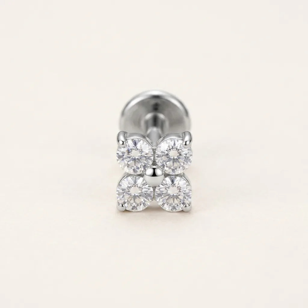 Natural silver titanium Ashley piercing four leaf clover CZ stud, front view
