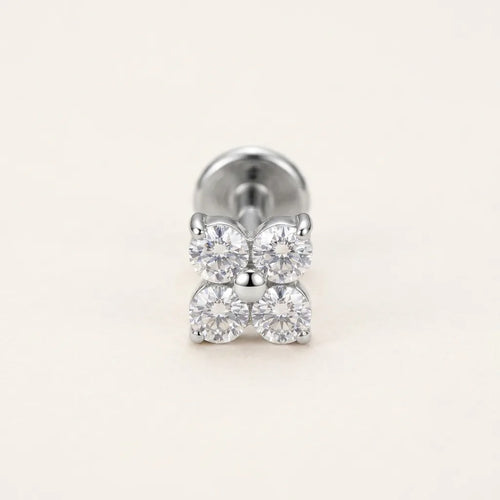 Natural silver titanium Ashley piercing four leaf clover CZ stud, front view
