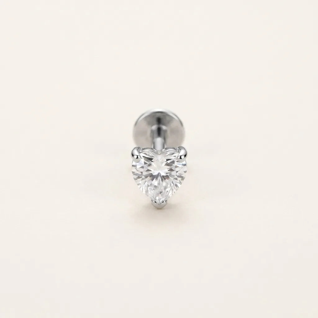 Natural silver titanium Ashley piercing heart CZ stud, front view
