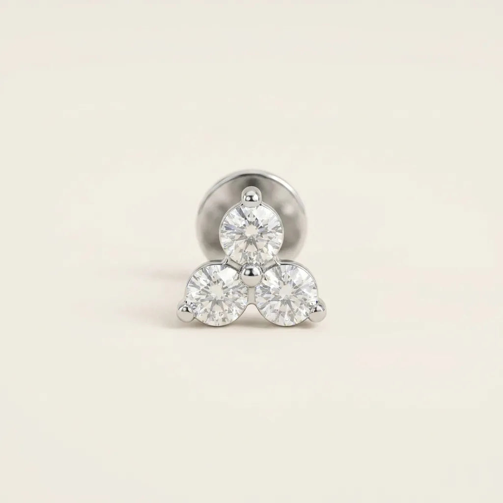 Natural silver titanium Ashley piercing trinity CZ cluster stud, front view
