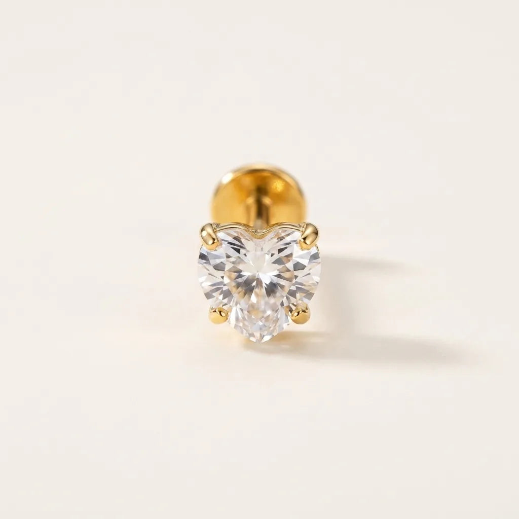 Gold titanium Ashley piercing heart CZ stud, front view
