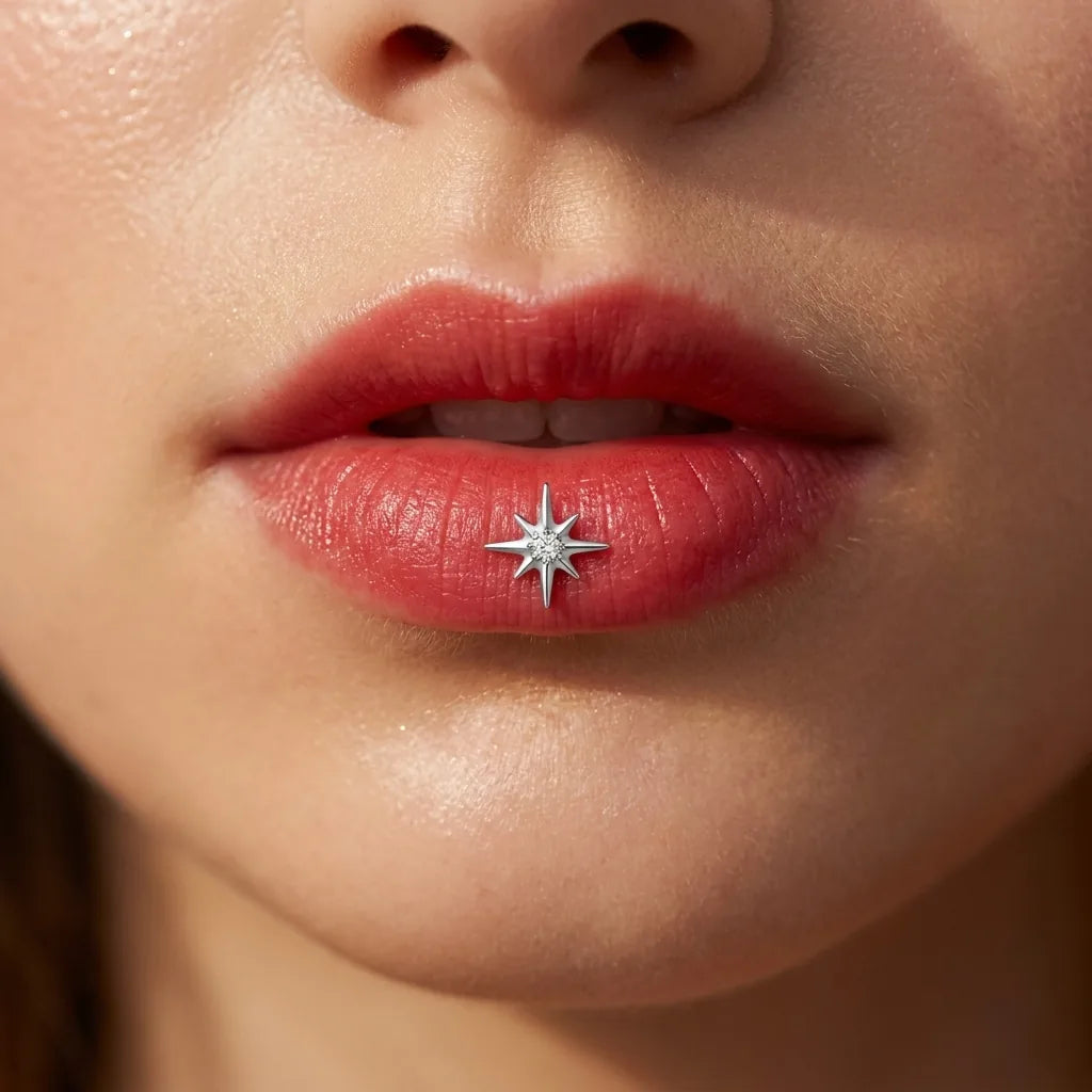 Silver titanium Ashley celestial star piercing worn in the center of the lower lip
