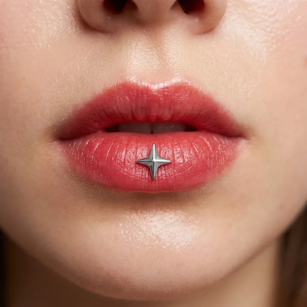 Silver titanium Ashley star piercing worn in the center of the lower lip
