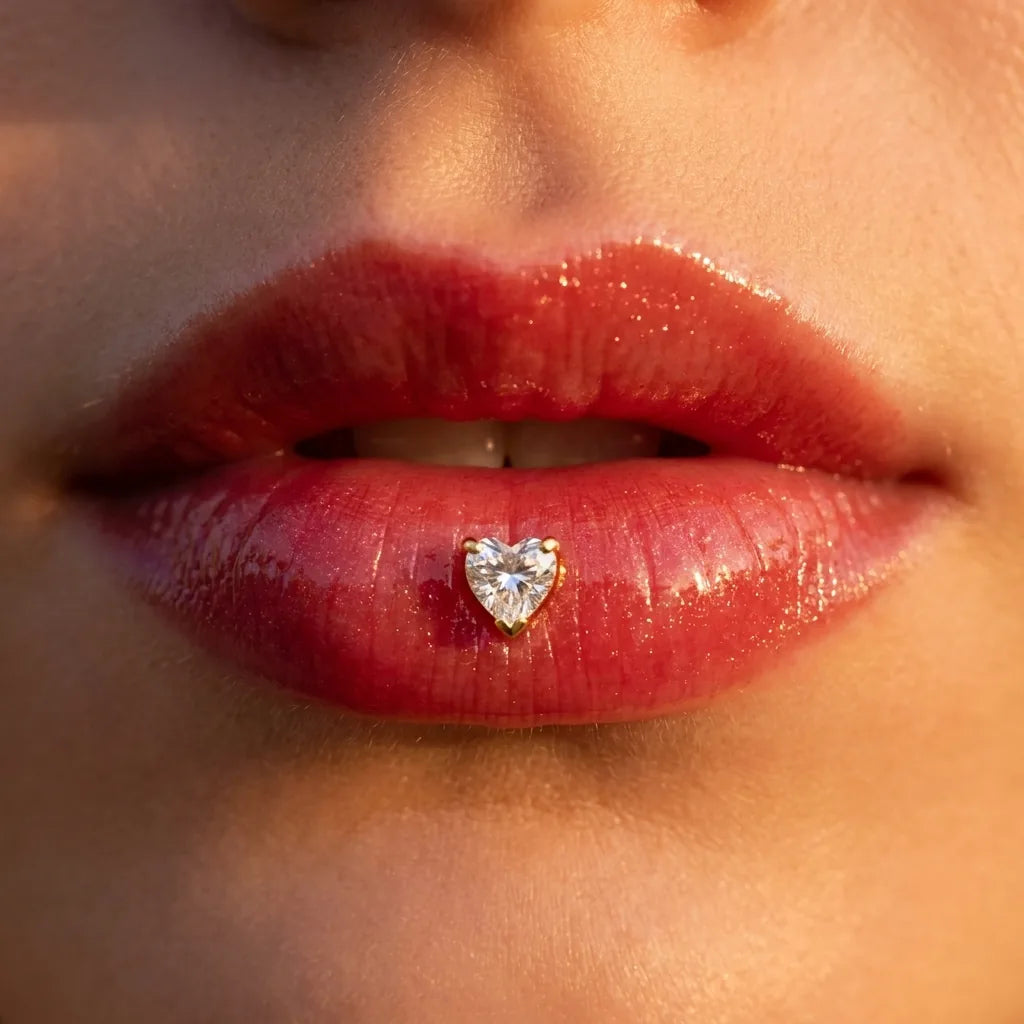 Gold titanium Ashley heart piercing worn in the center of the lower lip
