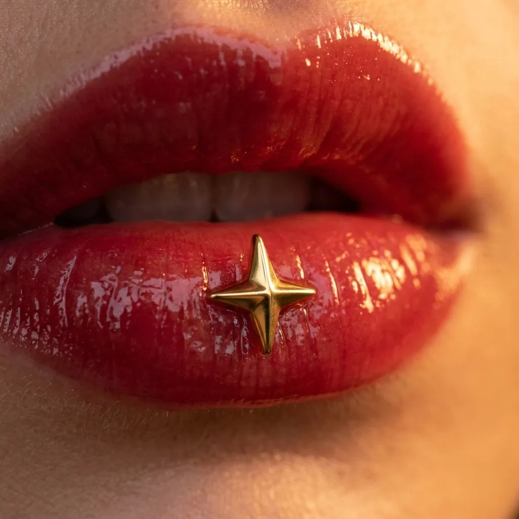 Gold titanium Ashley star piercing worn in the center of the lower lip

