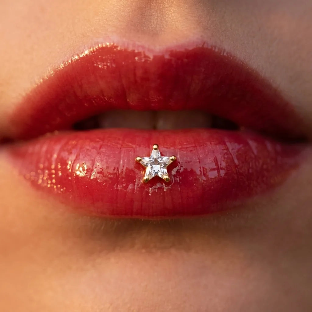 Gold titanium Ashley star cut piercing worn in the center of the lower lip
