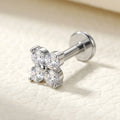 Natural silver titanium Ashley four leaf clover CZ labret, three quarter angle

