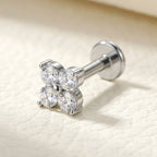 Natural silver titanium Ashley four leaf clover CZ labret, three quarter angle
