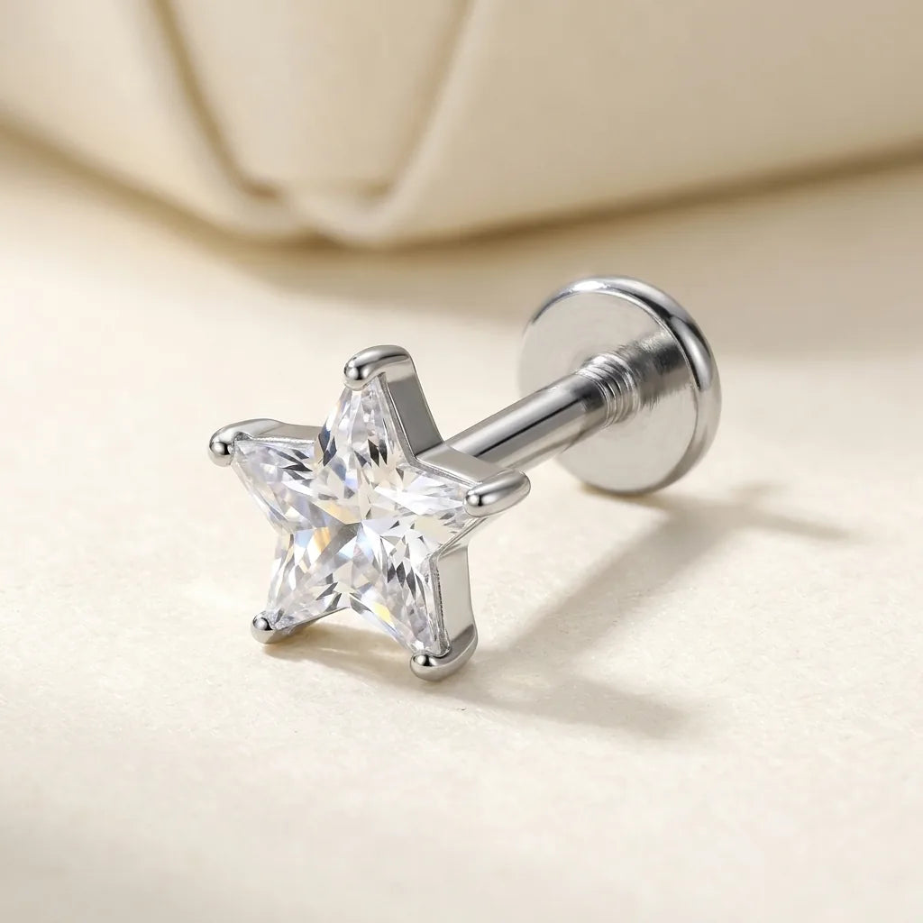 Natural silver titanium Ashley star cut CZ labret, three quarter angle
