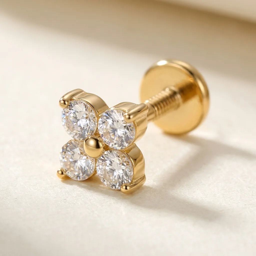 Gold titanium Ashley four leaf clover CZ labret, three quarter angle
