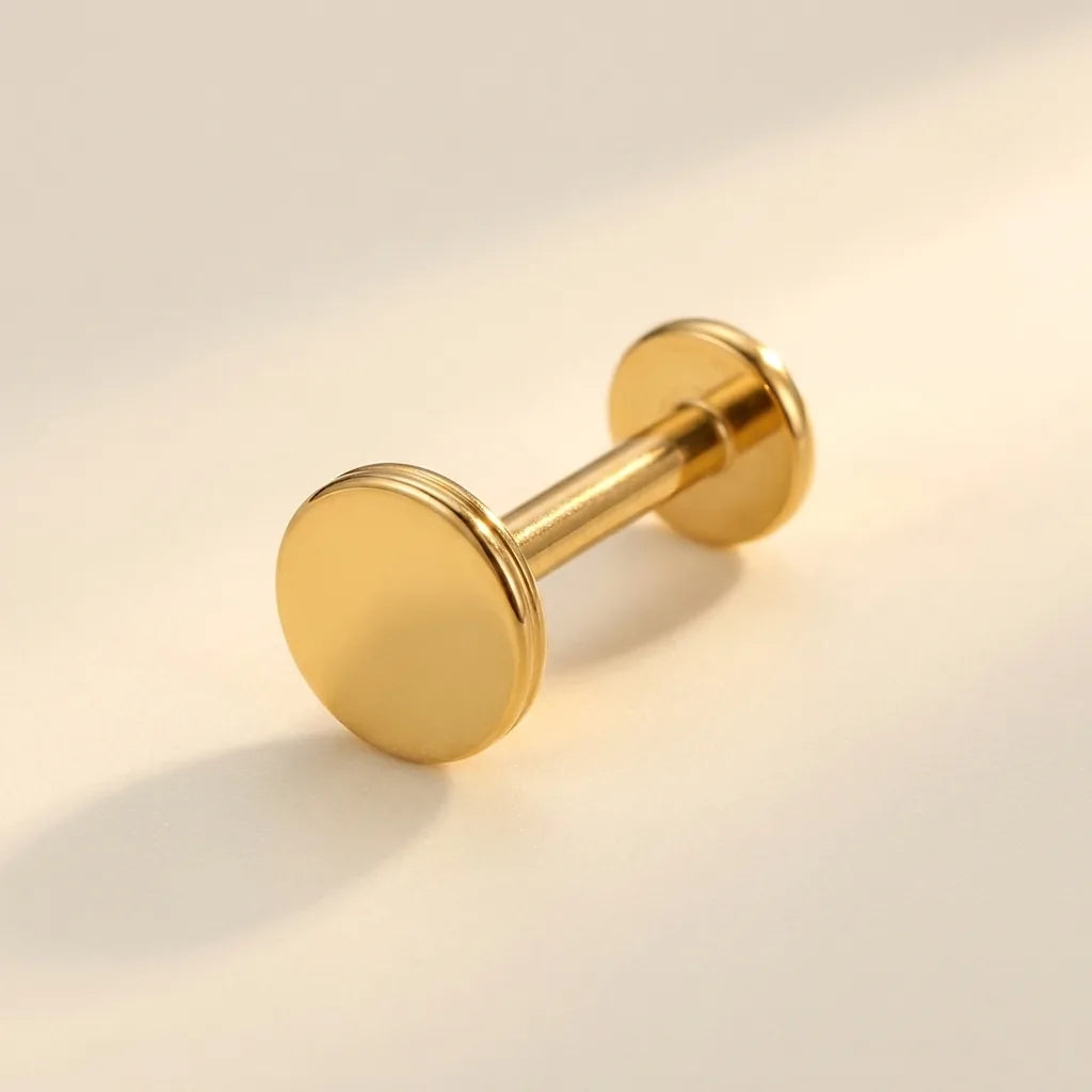 Gold titanium Ashley flat disc labret, three quarter angle
