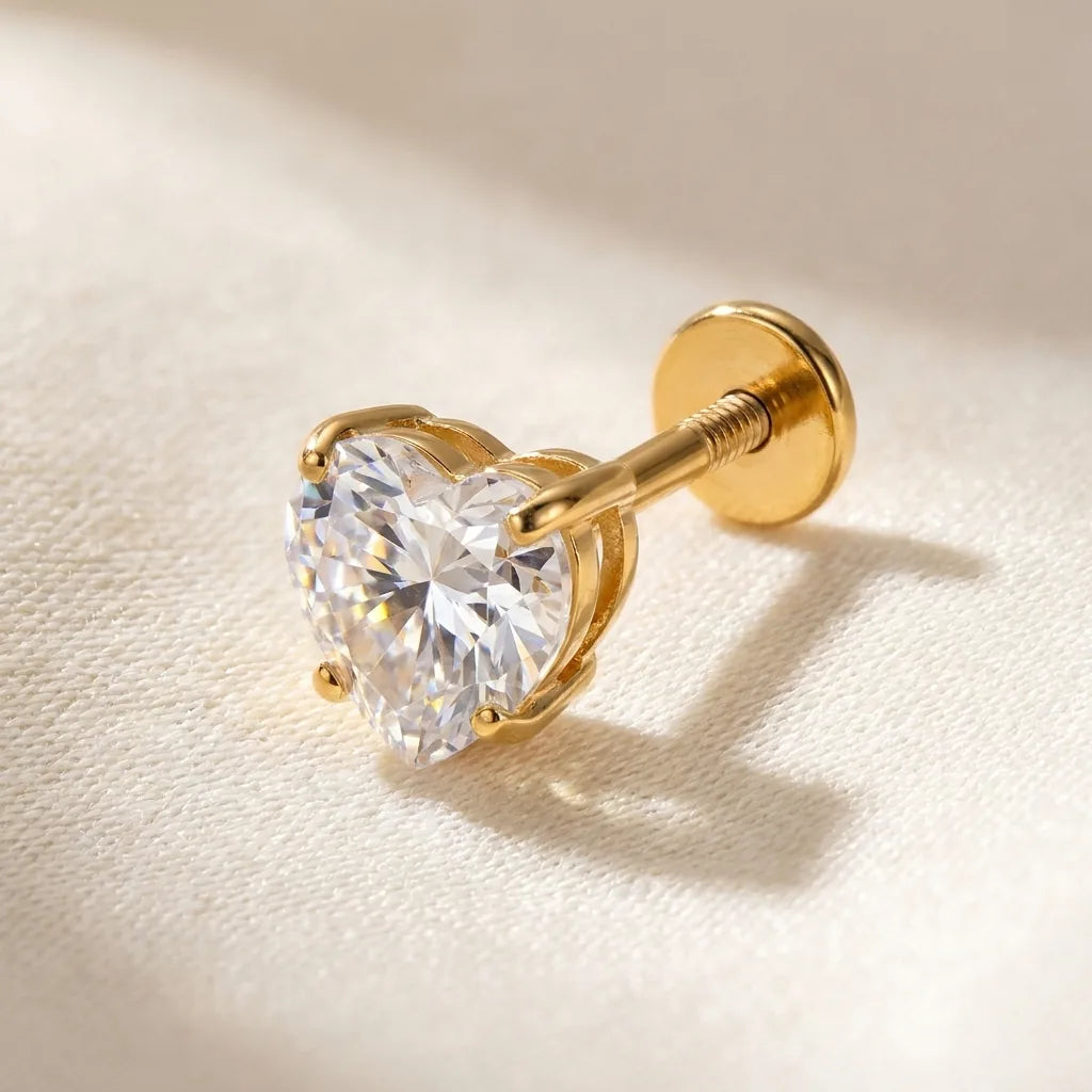 Gold titanium Ashley heart CZ labret, three quarter angle
