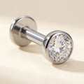 Natural silver titanium Ashley piercing solitaire stud with a bezel set CZ, front view

