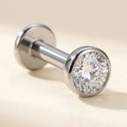 Natural silver titanium Ashley piercing solitaire stud with a bezel set CZ, front view
