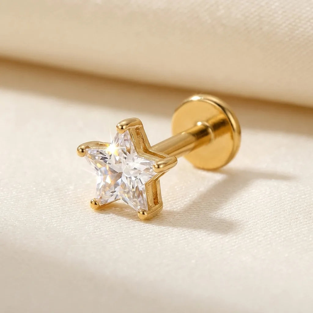 Gold titanium Ashley star cut CZ labret, three quarter angle
