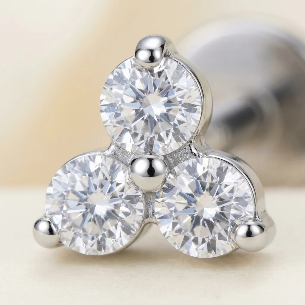 Macro close up of a titanium Ashley trinity CZ cluster stud
