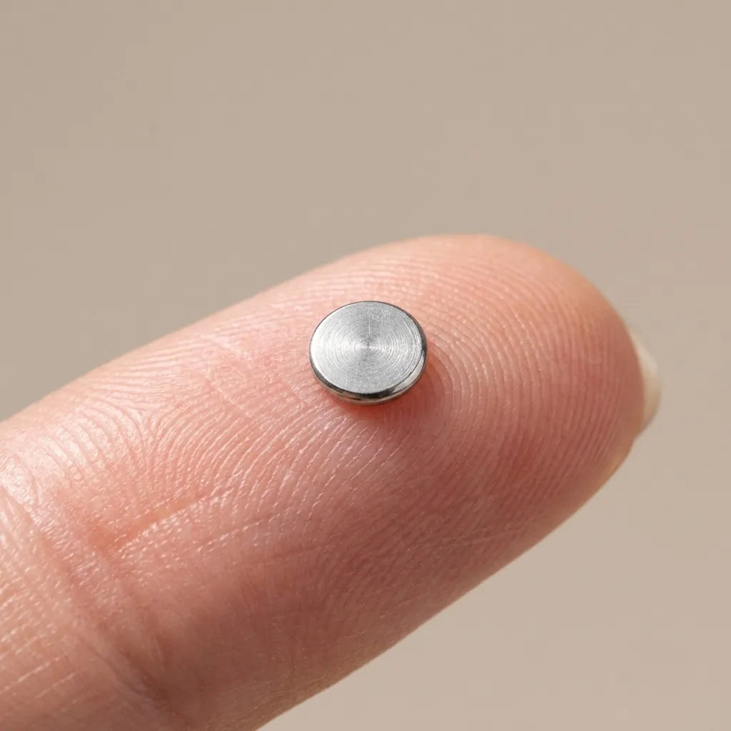 Flat back titanium Ashley piercing labret shown on a fingertip for scale
